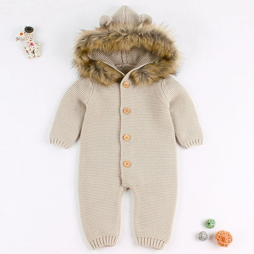 Детский комбинезон; Одежда для новорожденных; зимняя одежда для маленьких мальчиков и девочек; Теплый Вязаный комбинезон с капюшоном и мехом; повседневная одежда; куртки для младенцев