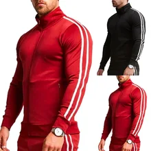 Весенние Новые Брендовые спортивные свитера для мужчин, спортивные, для фитнеса, с длинным рукавом, в полоску, на молнии, толстовки,, повседневные, одноцветные, для спортзала, тренировочные Топы