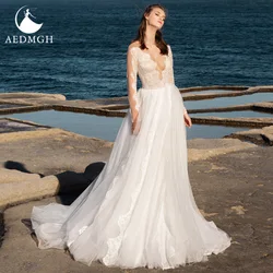 Aedmgh A-Line Beach Wedding Dresses 2021 V-Neck Long Sleeve Robe De Mariee Appliques Tulle Boho Plus Size Vestido De Novia