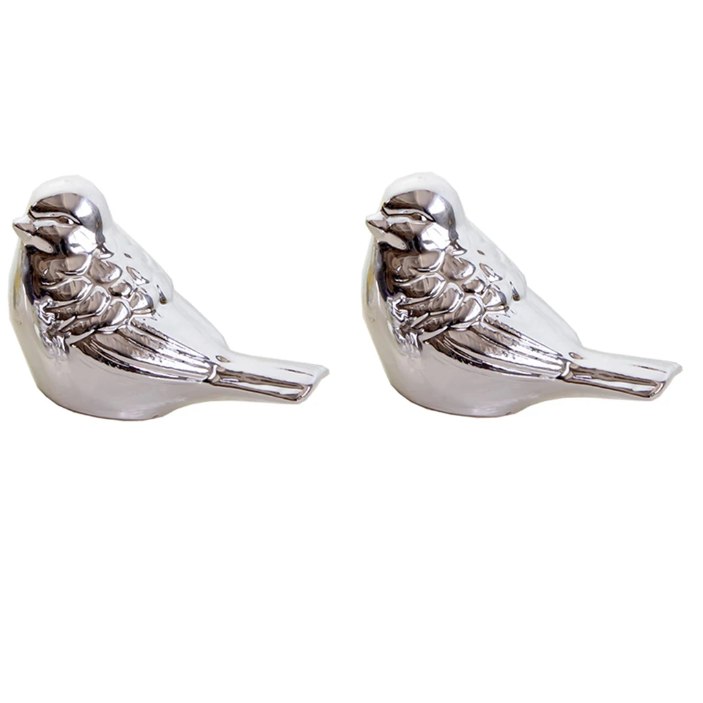 2pcs 7.5x4.5x5cm Silver Glazed Ceramic Bird Shaped Ornament Statue Figurine for Home Room Decor Cafe Office Shop Ornament