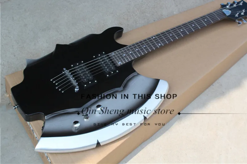 

free shipping custom 4 strings black irregular electric guitar bass with axe shape bady, 3 pickups,bridge shield,maple neck,