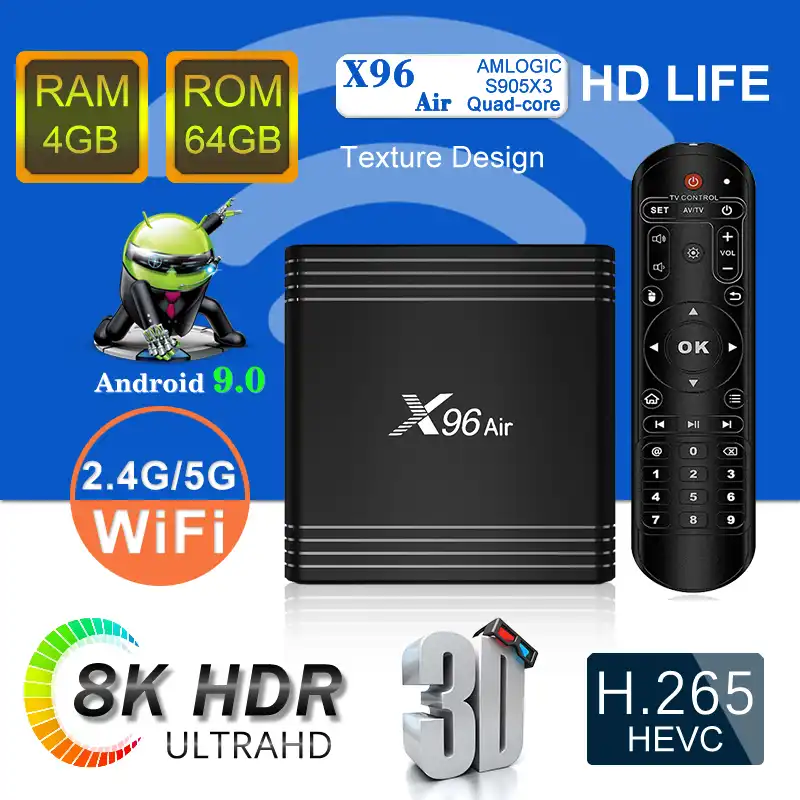 Android TV Box 9.0 X96 AIR S905X3 2GB 16GB Media Player Dual WiFi 2.4Ghz 5Ghz 3D 8K USB 3.0 H.265 Smart Media Player 