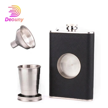 

DEOUNY Leather Shell 8OZ Hip Flask For Alcohol Stainless Steel Whisky Rum Bottle Set With 2Oz Collapsible Cup And Funnel Gifts
