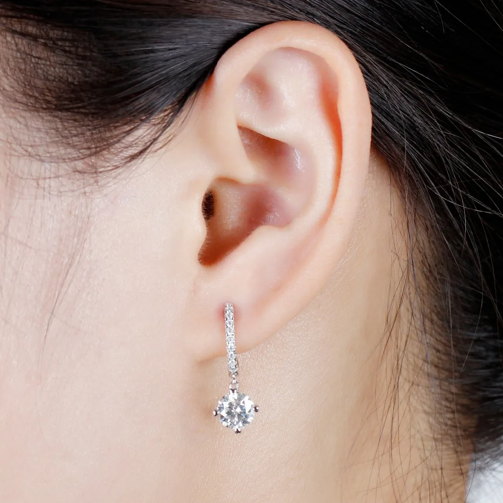Platinum Plated Silver Center 6.5mm GH Color Hearts and Arrows Cut Lab Grown Moissanite Halo Hoop Earrings with Accent(6)