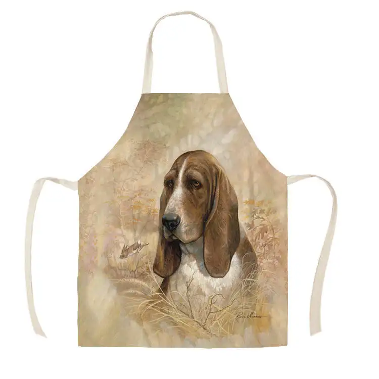 1Pcs Kitchen Apron Sketch black dog head Printed Sleeveless Cotton Linen Aprons for Men Women Home Cleaning Tools 55*68cm