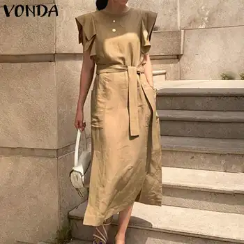 

VONDA Women's Dress 2020 Casual Ruffle Sleeveless Maxi Long Dress With Belt Loose Bohemian Sundress Party Vestido Plus Size Robe