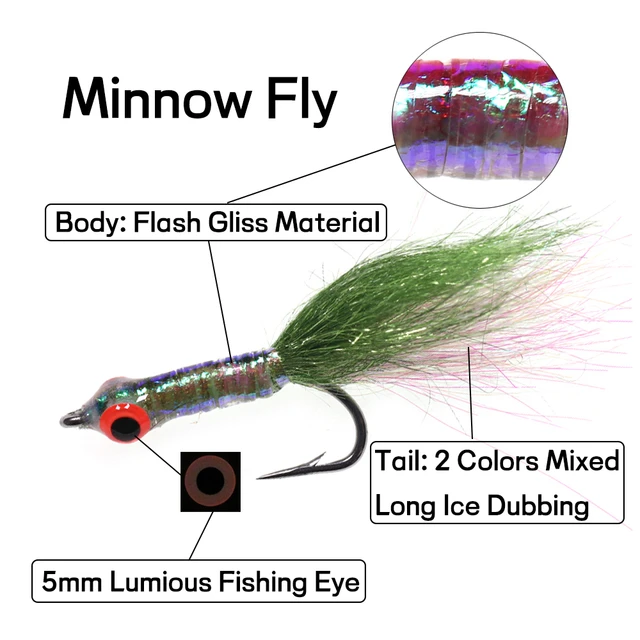 Bimoo 6pcs/Box Minnow Fly Freshwater Saltwater Fishing Flies with