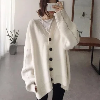 

Autumn and winter new solid color loose large size temperament cardigan sweater coat female V-neck long sweater