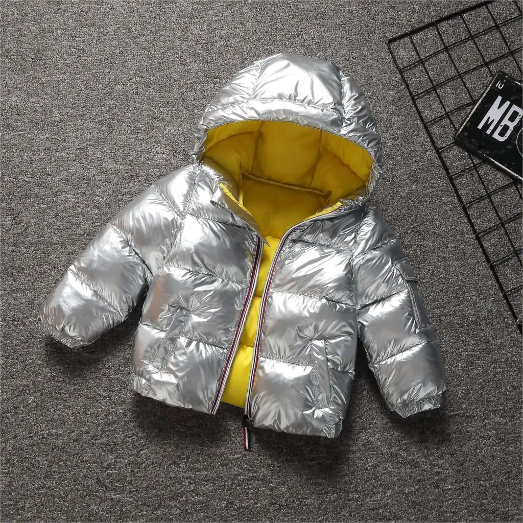 CYSINCOS Children's Down Jacket Winter Baby Boys Girls Solid Color Glossy Warm Coat Kids Down Cotton Coat Waterproof Snowsuit - Color: Silver