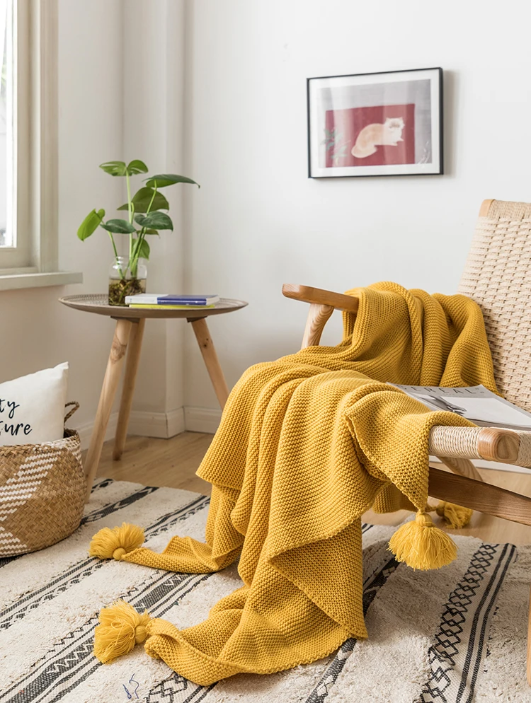 Yellow Blanket Sofa Knit Throw Blanket Solid Soft PomPom Tassels Blanket Travel 130x160cm Home Sofa Chair Couch Bed 50"x62"