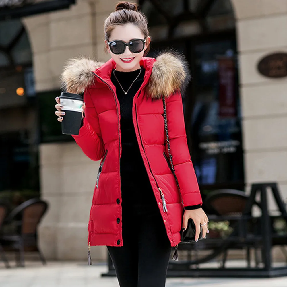 Зимняя куртка для женщин, плюс размер, 3XL, парка, теплое длинное женское пальто с капюшоном, для офиса, для леди, пуховик, искусственный Лисий мех, зимнее пальто для женщин - Цвет: Красный