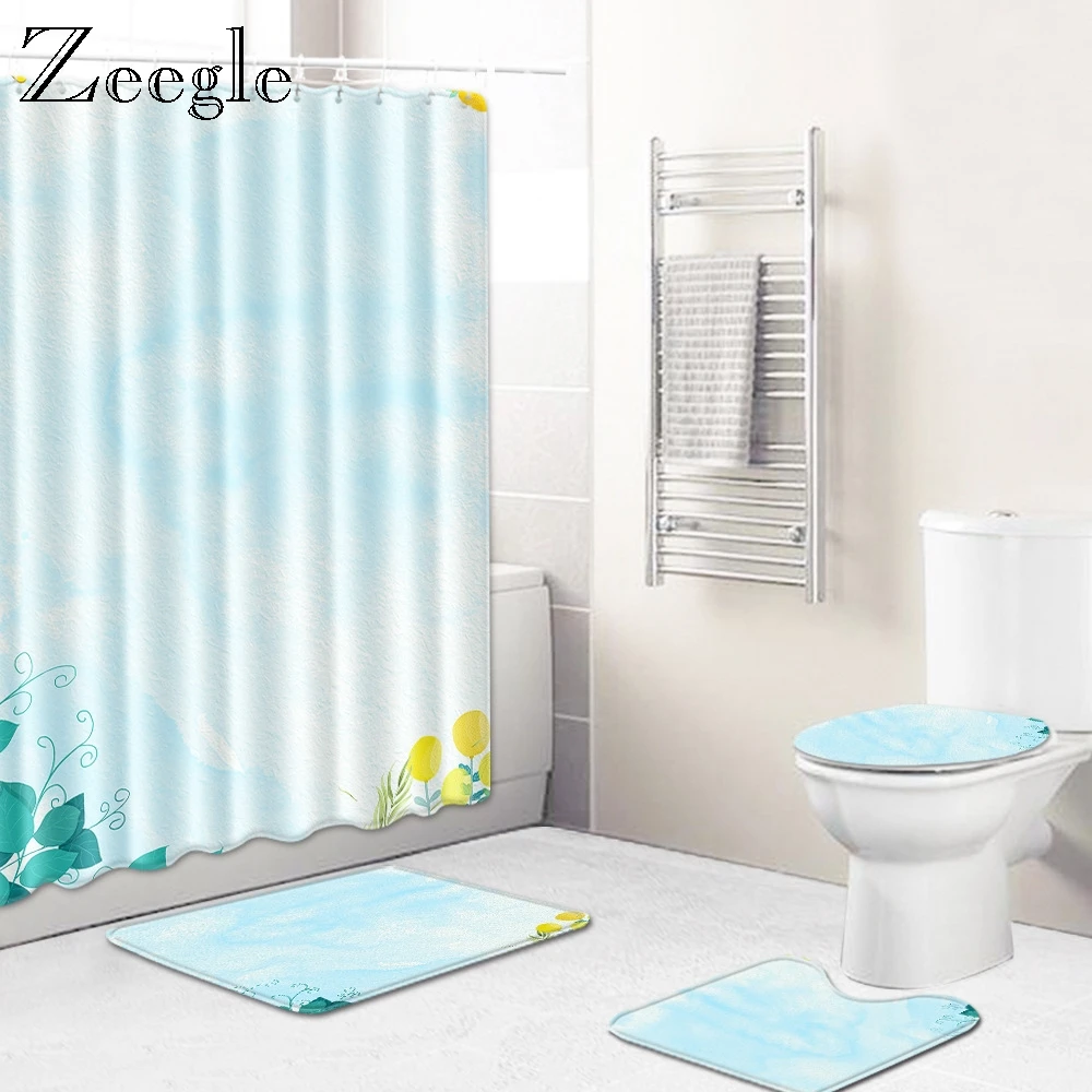 Zeegle 4Pcs Bath Mat Set with Toilet Shower Curtain Anti Slip Carpet Waterproof Shower Curtain with Hooks Modern Area Soft Rug