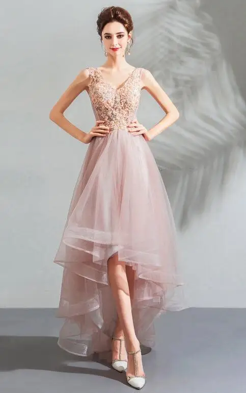 Розовый короткое спереди и длинное сзади Выпускные платья без рукавов, кружевное, с аппликацией платье vestidos de торжественное длинное торжественное Вечеринка платья - Цвет: Same As Picture