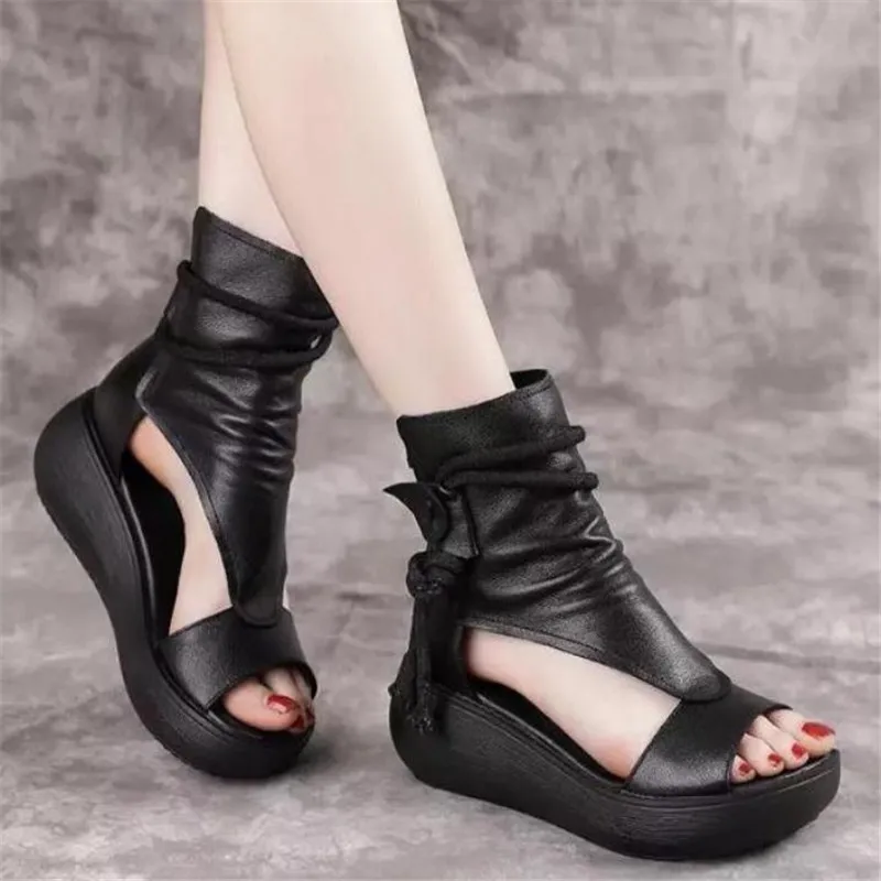 New Women Sandals Genuine Leather Summer Shoes Rome Platform Thick Bottomed Breathable Comfortable Women Sandals