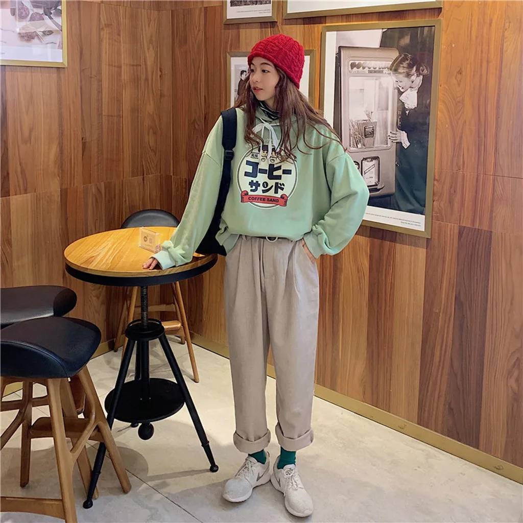 Womail, Женская толстовка, осенняя, теплая, с капюшоном, с принтом, милый пуловер, толстовка с карманом, Корея, японский, свободный, кампус, Модный женский топ