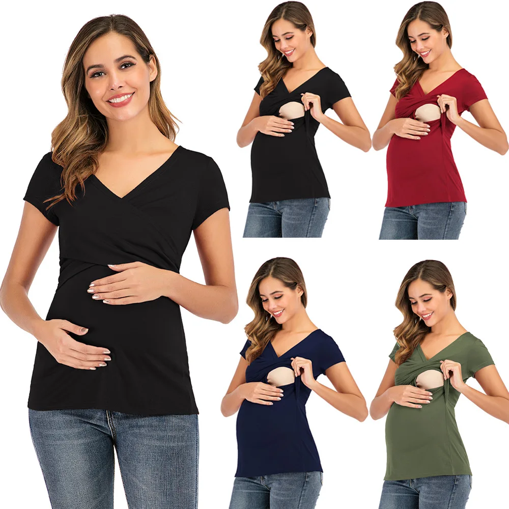 

6086 # Hot Selling Europe And America Summer Short-sleeved Maternity Clothes Deep V-neck Solid Color Cross-Feeding Service Lacta