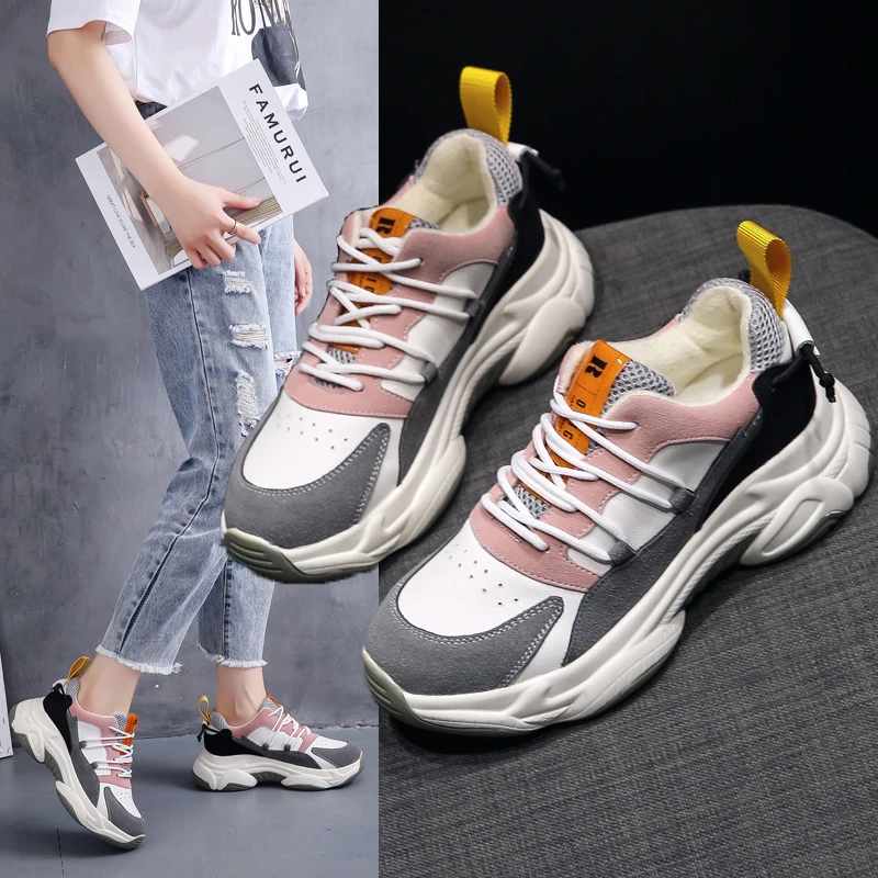 Fujin Women Shoes Spring Thick Bottom Fashion Dropshipping Breathable Muffin Bottom Mixed Colors Lace Sewing Sneakers Women