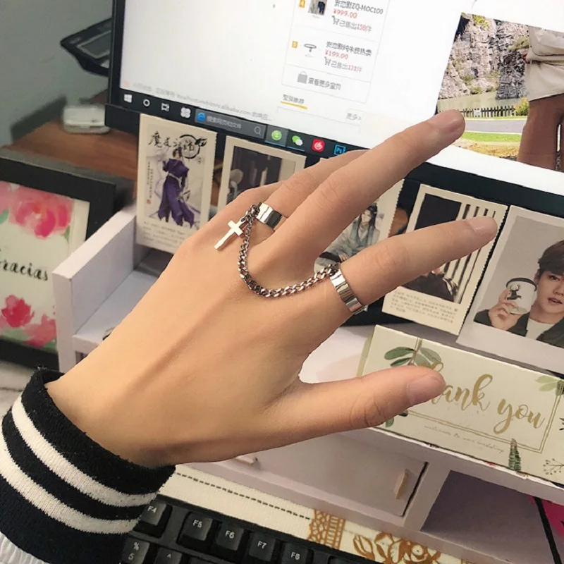 Vintage Cross Chain Ring Adjustable Joint For Women Men Combination Integrated Hip Hop Punk Finger Rings Party Jewelry | Украшения и