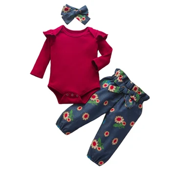 

3PCS Set Newborn Baby Girls Clothing Set Tracksuit Romper Jumpsuit Tops Floral Pants Headband Outfits Clothes Set 0-24M*1