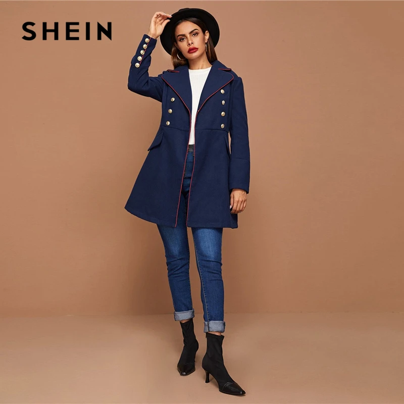 Koop SHEIN Zwarte Revers Kraag Gouden Knop Detail Contrast Piping Jas Winter Lange Mouw Elegante Uitloper Lange Jassen Erwt