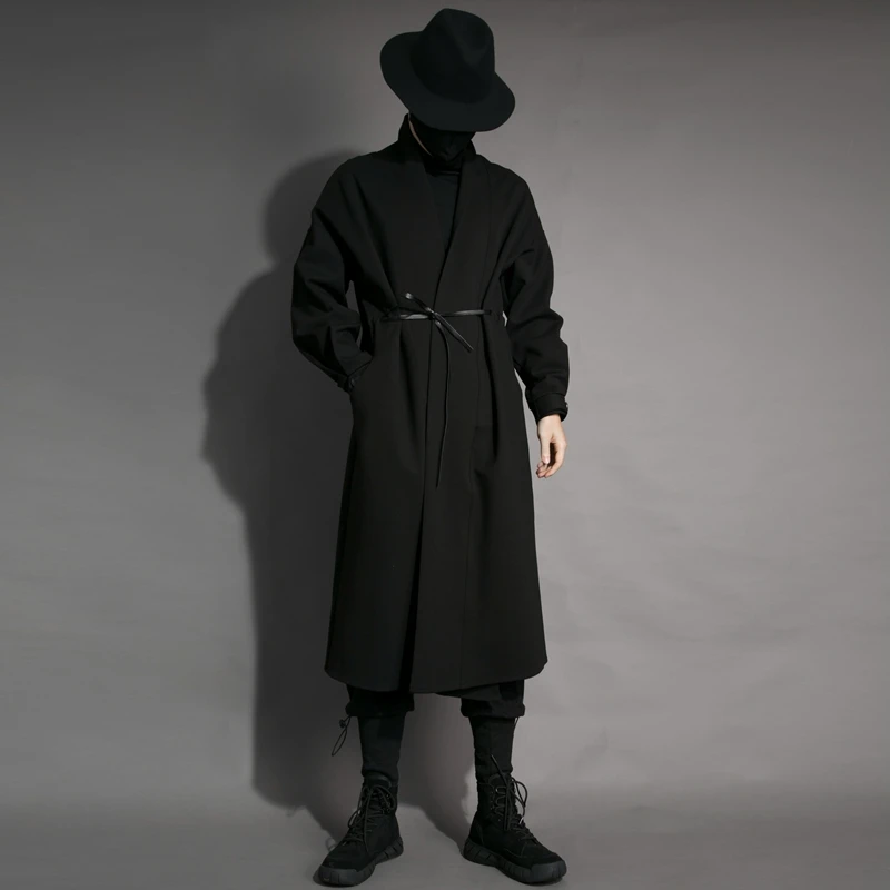 Men's Long Coat Black Slim Fit Autumn And Winter New Fashion Trend Belt Cardigan Windbreaker Jacket | Мужская одежда