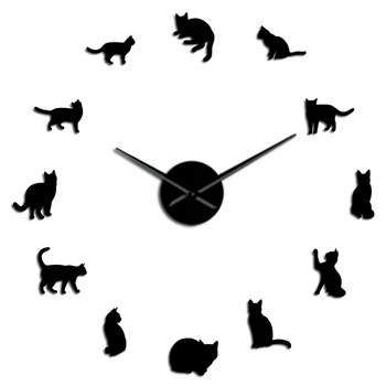 

TOP!-Silhouette Cats Wall Art Kittens DIY Giant Wall Clock Playful Cats Big Needle Kitty Girl Room Large Wall Watch Feline Fan G