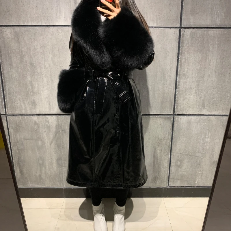 ladies leaher coat long women genuine leather windbreak