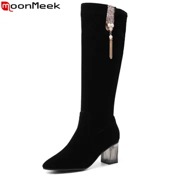 

MoonMeek 2020 new knee high boots square toe zip flock high heels shoes women boots comfortable ladies autumn winter boots