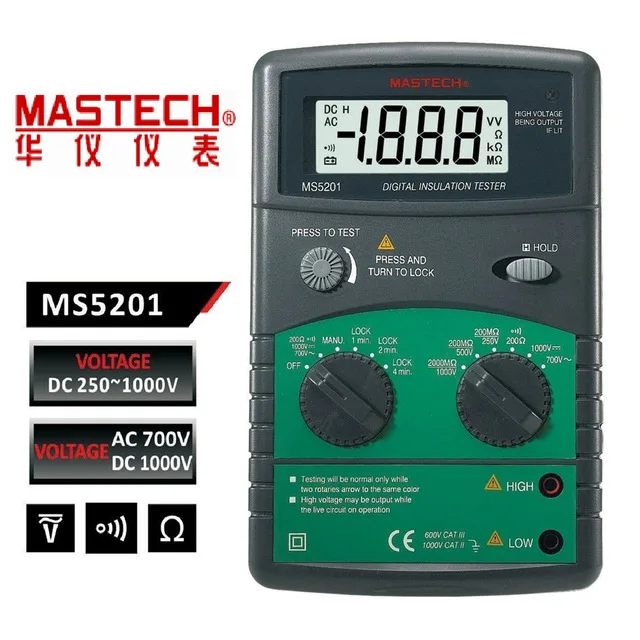MasTech MS5201 Цифровой тестер сопротивления изоляции мегомметром Megometro мега Ом звук и светильник