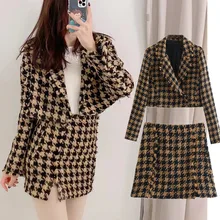

Jenny&Dave England Short Blazer Women Style High Street Retro Houndstooth Top Sexy A-line Plaid Skirt Women Mini Skirts Sets