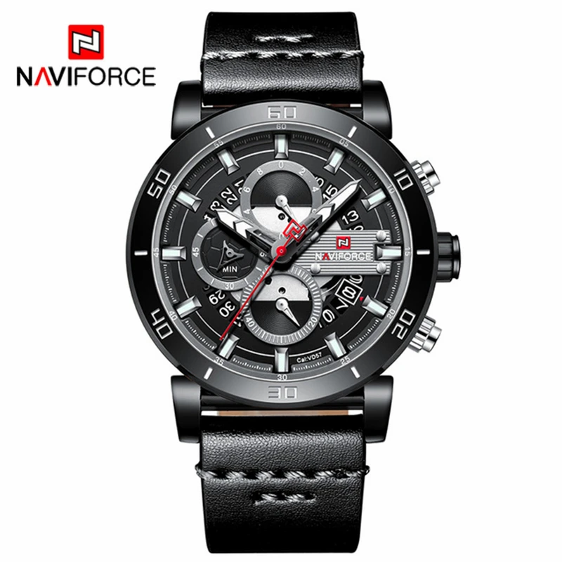 Black Gray NAVIFORCE, модные часы для мужчин, лучший бренд, Роскошные Кварцевые аналоговые часы, коричневый кожаный ремешок, календарь, повседневные мужские часы, Relogio Masculi - Цвет: Black Gray