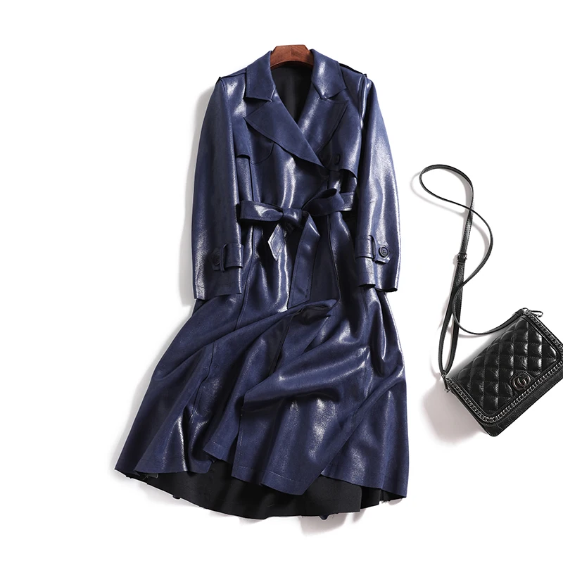 Navy blue Темно-синий замшевый плащ пальто женский элегантный длинный кардиган Тренч пальто для женщин ветровка trincheira casaco feminino Плюс Размер 4XL - Цвет: Navy blue