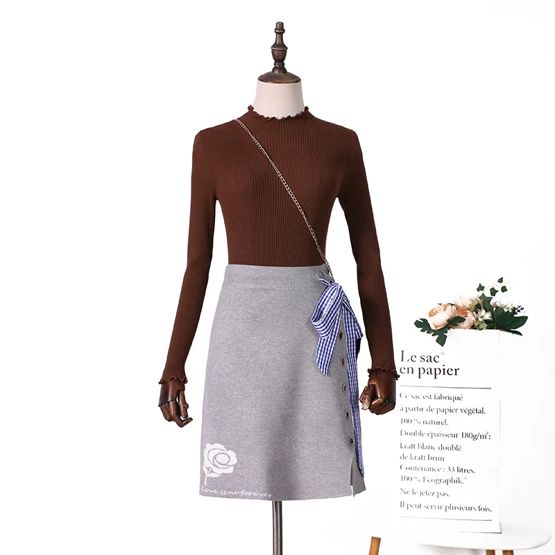 GIGOGOU вышивка короткий стиль Вязаный женский свитер юбка узел эластичный Высокая талия Элегантный Jupe женские нижние линии мини юбки - Цвет: Grey SSYG958