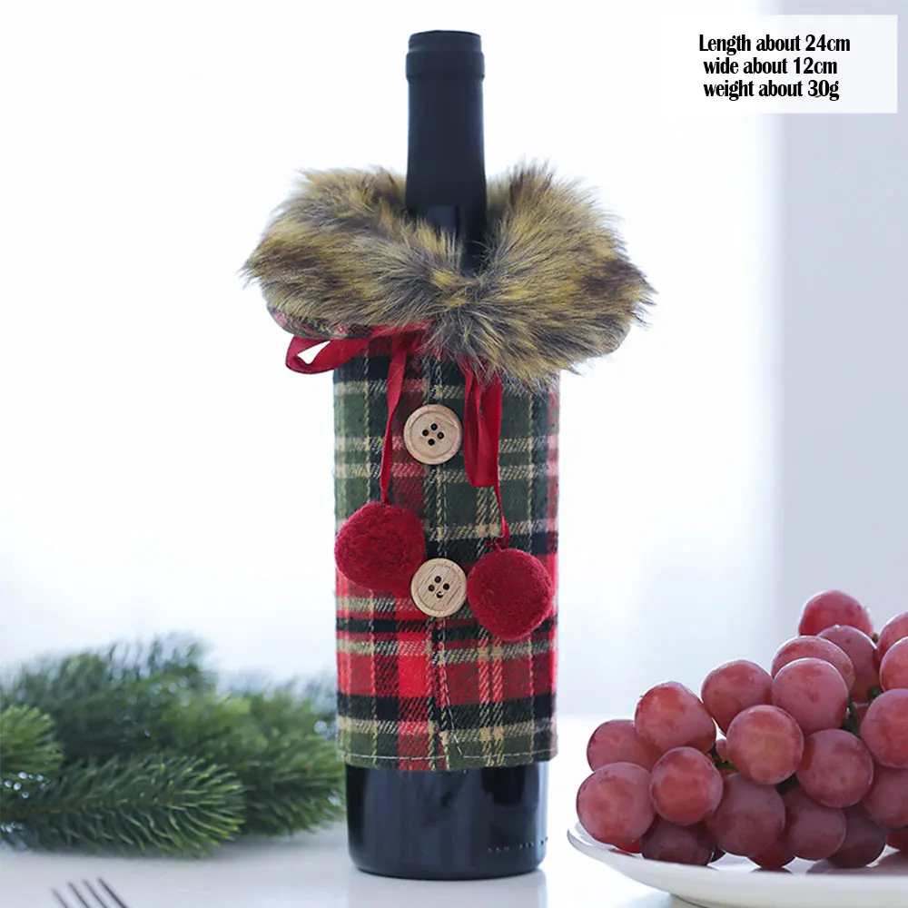 

Red Wine Bottle Cover Christmas Style American Long Plush Plaid Linen Wine Set Cover Christmas Holiday Supplies