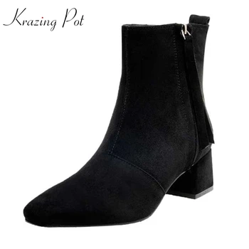 

Krazing pot new natural cow leather tassel zipper square toe Chelsea boots keep warm med heel streetwear concise ankle boots L22