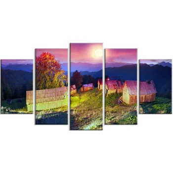 

5 Pcs Town Moon Canvas Pictures Green Tree Gift Cute Home Decoration Modern Paintings Wall Art Prints Poster Modular Living Room