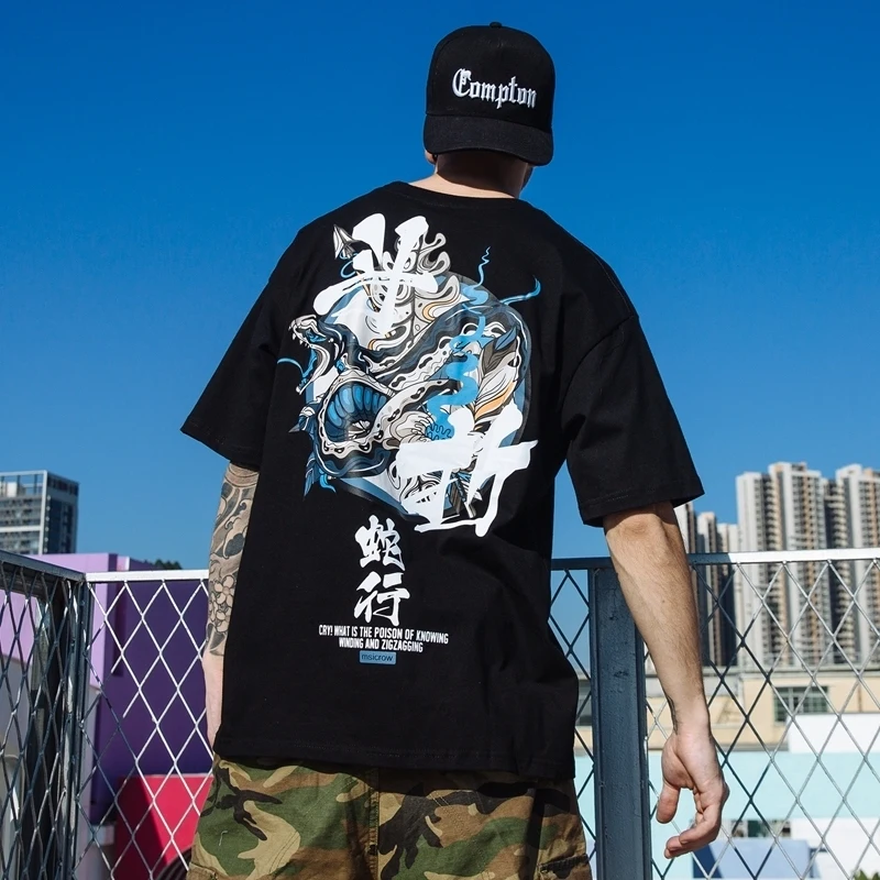 

Harajuku Vintage Cartoon Print Funny 2021 Tshirt Chinese Style Men Clothes Graffiti White Autumn All-Match Hip Hop Streetwear