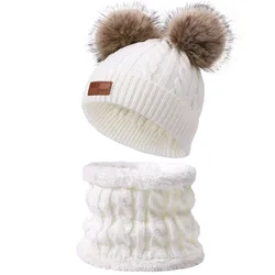 Faux Fur Pompon Winter Hat Scarf Multi-piece Set Children Kid Boy Girl Hat Scarf Set Warm Pom Pom Beanie Cap Crochet Knitted Cap