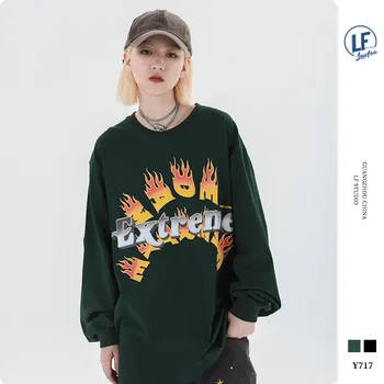 

LawFoo fall 2020 new national fashion Men's flame three-dimensional letter printed men's long sleeve T-shirt