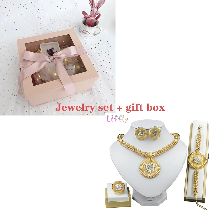 Jewelry Sets and box Liffly ювелирные изделия из Нигерии наборы толстой цепи круглый кристалл ожерелье серьги кольцо браслет Дубай золотые ювелирные наборы Гламурные женщины - Окраска металла: Jewelry Sets and box