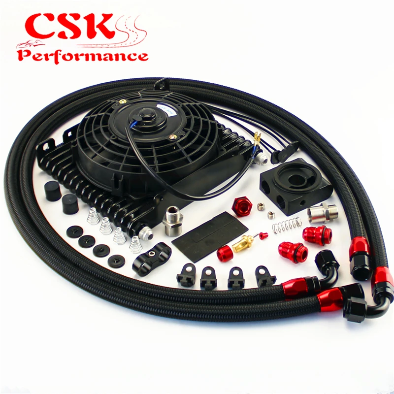 10AN 32MM 15 Rows Universal Engine Oil Cooler+73 degree Thermostat Sandwich Plate kit +7&quot Electric Fan Black |