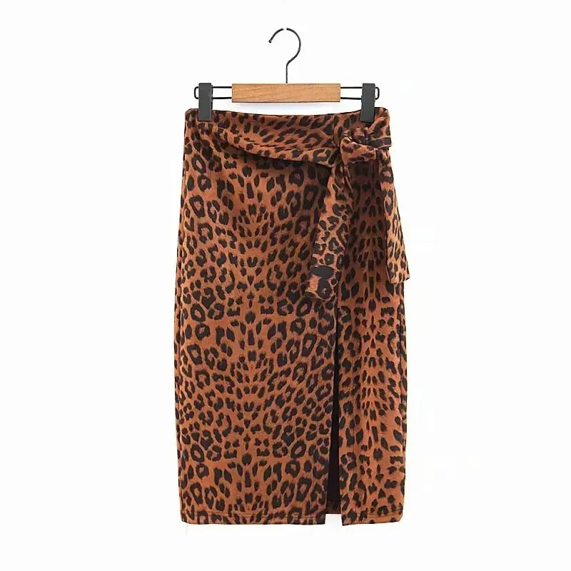 Юбки леопарда с разрезом спереди, женские сексуальные миди юбки с бантом на поясе, высокая талия, уличная одежда, Faldas Saia - Цвет: brown