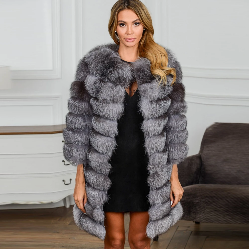 TOPFUR, модное женское пальто с натуральным мехом средней длины, одежда из натурального меха серебристой лисы, Женское пальто с рукавом три четверти, серая куртка - Цвет: FC180