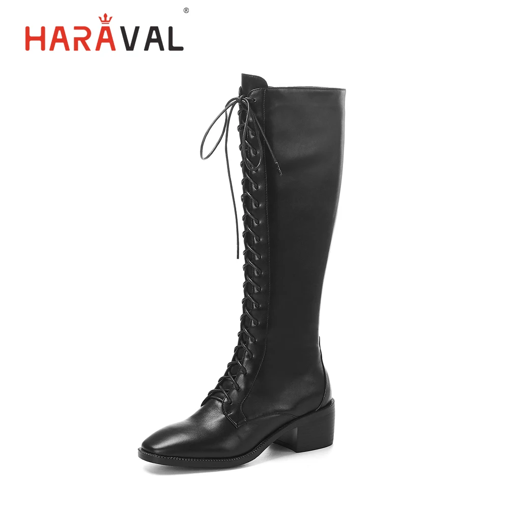 HARAVAL Luxury Woman Winter Over-the-knee Boot Handmade Genuine Leather Round Toe Square Heel Shoes Black Lace-up Sexy Boot B240