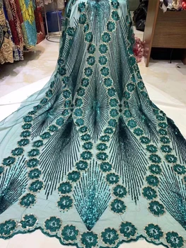 

African French Beaded Lace Fabric 2019 High Quality Lace green Lace Fabric Nigerian Tulle Mesh Lace Fabrics for Wedding