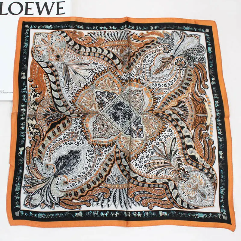 100% Silk Scarf Women Vintage Small Bandana Paisley Flora Kerchief Turban  53cm