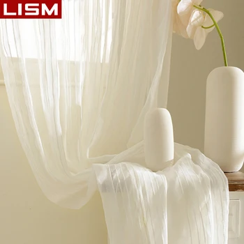 

LISM White Striped Tulle Curtains Windows Living Room Jacquard Linen Sheer Curtain Bedroom Home Decoration Kitchen Voile Drapes