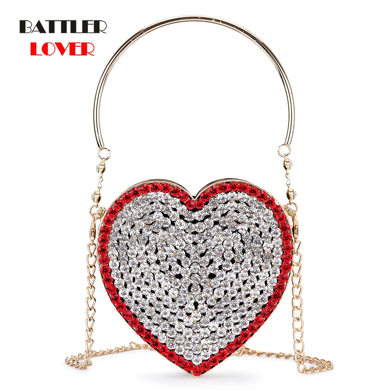Luxury Diamond Heart Shape Evening Clutch Bag For Women 2021 Hollow Out Metal Cage Ladies Rhinestone Chain Purses And Handbags