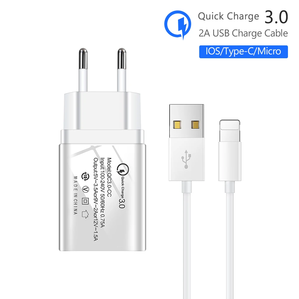 Одно зарядное устройство usb Quick charge 3 0 5 В/3.5A 9 В/2A 12 В/1.5A для телефона + кабель