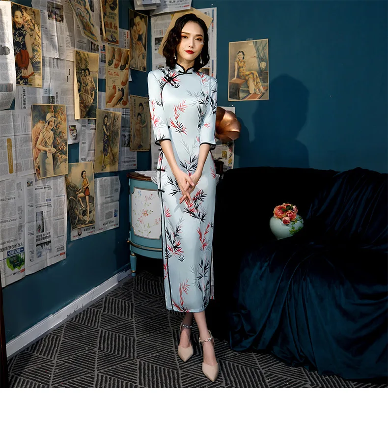 Sheng Coco женское синее длинное китайское винтажное шелковое платье Cheongsam с высоким разрезом банкетное длинное платье с принтом листьев бамбука Qipao